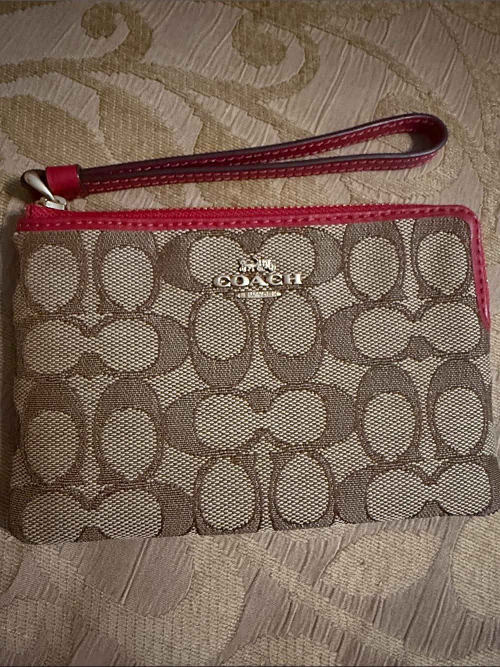 COACH Wristlet, Signature C Jacquard, Corner Zip, Khaki/True Red, preloved